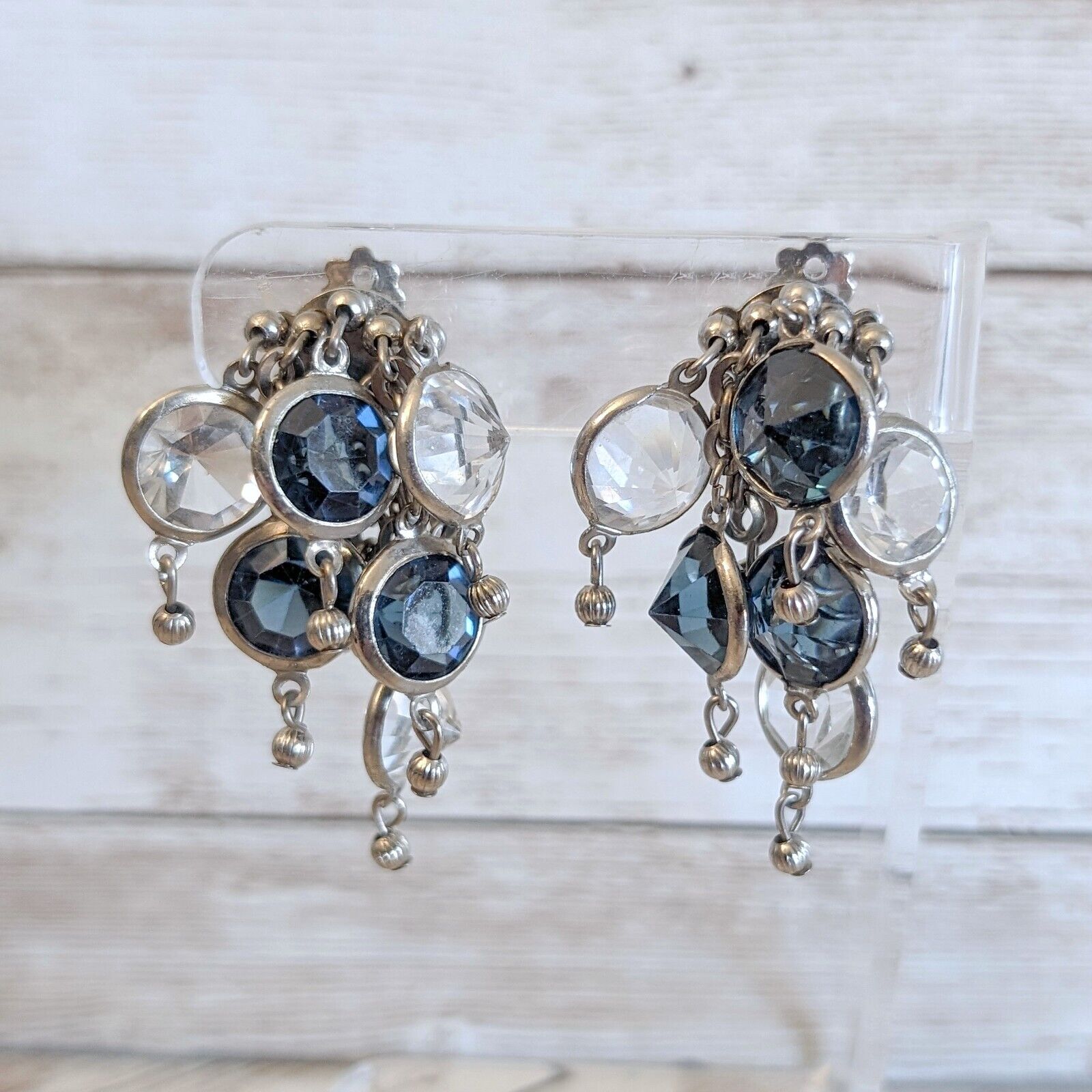Vintage Lisner Clip On Earrings - Statement Dangle Blue Clear Gems 23$